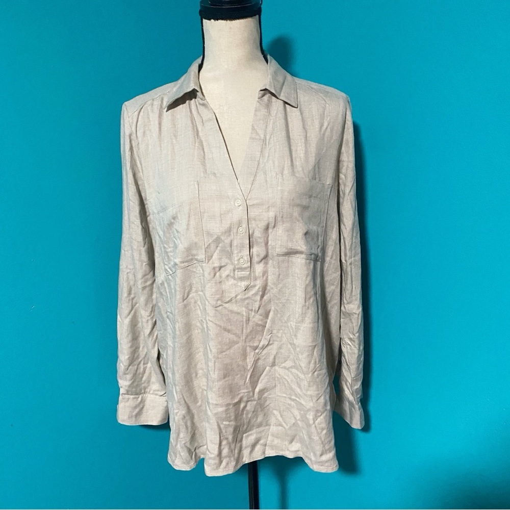 LOFT M Cream Popover Long Sleeve Oversized Viscose Collared Top Chest Pocket